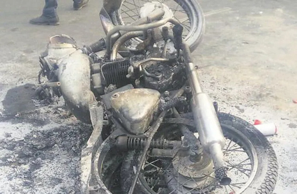 Rear side angle shot of burnt bike
