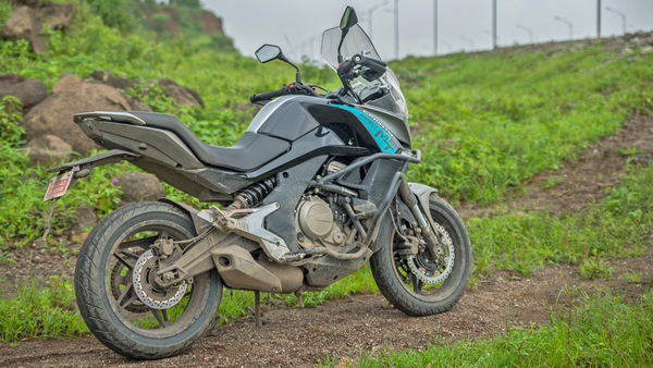 Side, rear shot of the CFMoto 650MT
